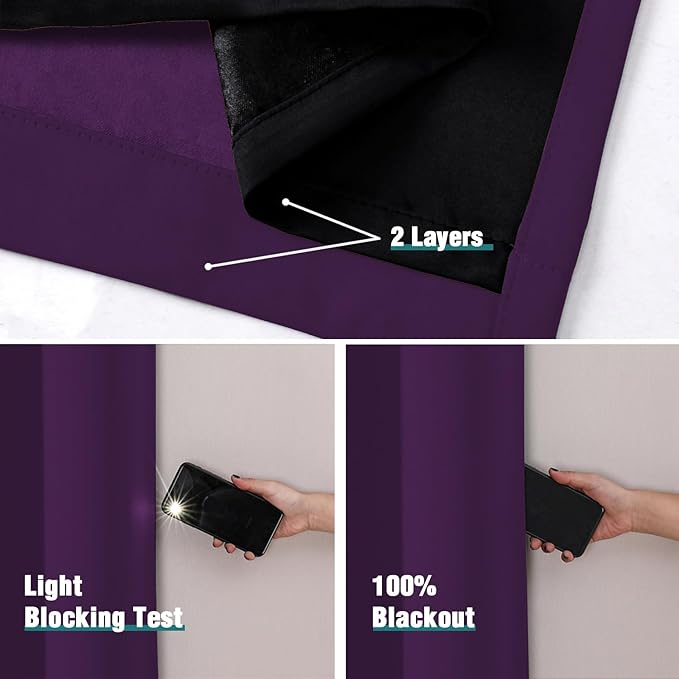 ChrisDowa 100% Blackout Curtains for Bedroom 63 Inches Long 2 Panels Set | 2 Thick Layers, Thermal Insulated, Light Blocking, Grommet, Window Treatment, Living Room Drapes, Royal Purple, 52 x 63 Inch