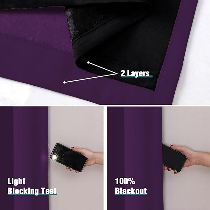 ChrisDowa 100% Blackout Curtains for Bedroom 2 Panels Set with Black Liner | 2 Thick Layers, Thermal Insulated, Light Blocking, Grommet, Window Treatment, Living Room Drapes, Royal Purple, 52 x 54 Inch