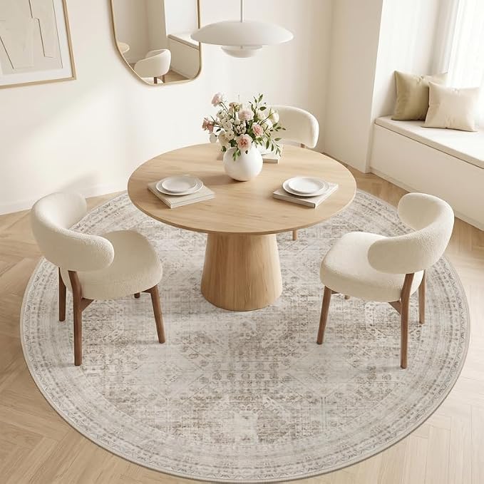 Round Area Rug Living Room: 8ft Neutral Washable Carpet Rug Brown | Vintage Boho Circle Soft Large Circular Carpet Bedroom Nursery Farmhouse Dining Room Indoor Decor Floor Non-Slip Under Table
