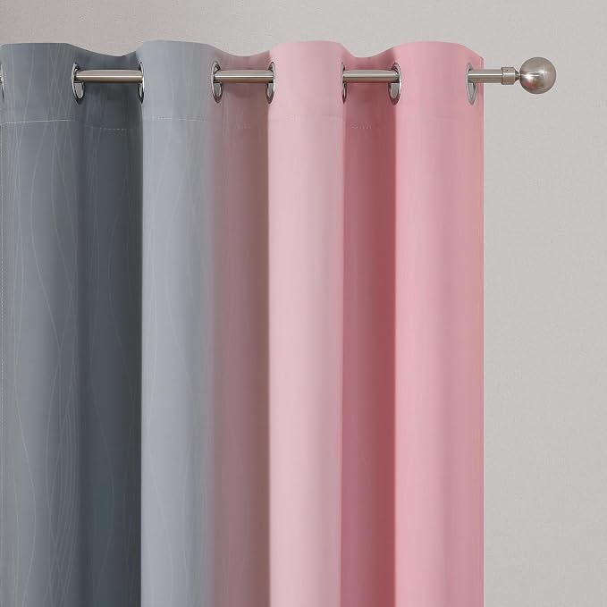 Pink and Grey Ombre Blackout Curtains for Living Room 96 Inch Long 2 Panels | Full Room Darkening Gradient Curtains for Girls Bedroom,Thermal Insulated,Light Blocking Grommet Window Drapes,52Wx96L Inch