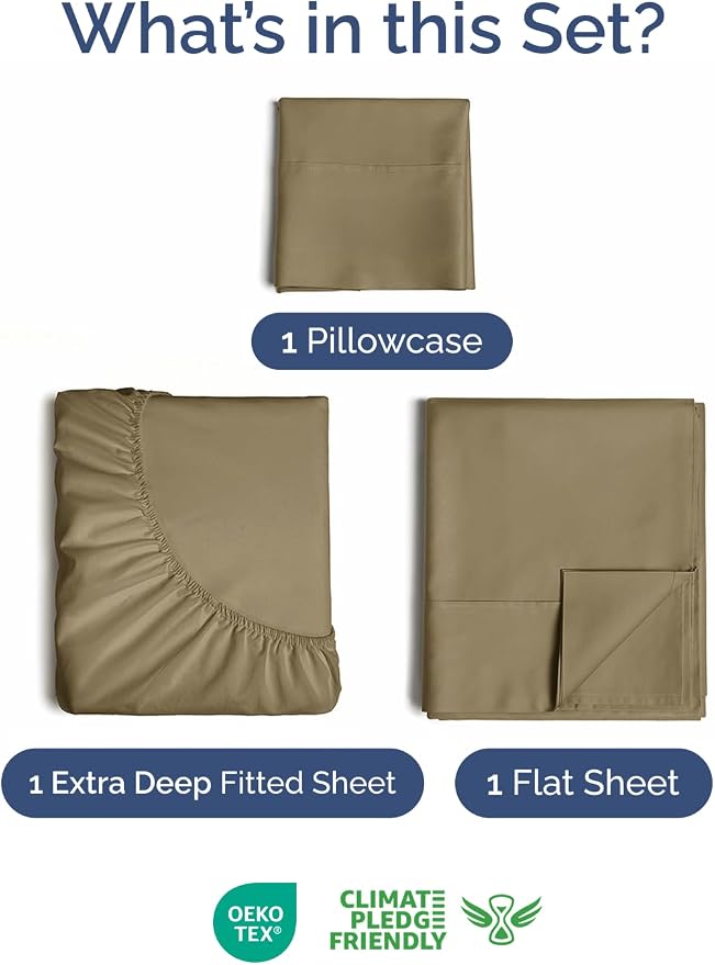 Extra Deep Twin Sheet Set - 3 Piece Breathable & Cooling Bed Sheets - Khaki | Easily Fits 18 to 24 inch Mattress - Ultra Soft, Wrinkle & Fade Free with Extra Deep Pockets - Comfy Hotel Luxury Bedding