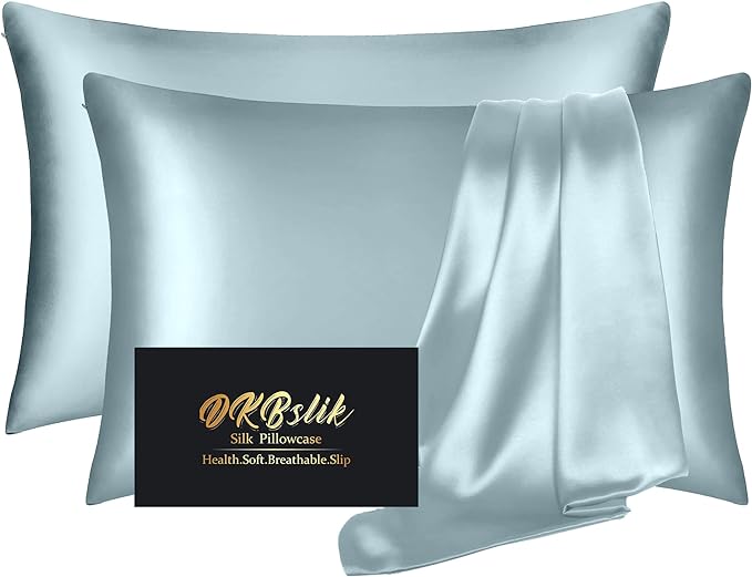 Silk Pillow Cases 2 Pack, Mulberry Silk Pillowcases Standard Set of 2, Smooth, Anti Acne, Beauty Sleep, Both Sides Natural Silk Satin Pillow Cases for Women 2 Pack with Zipper for Gift, Aqua Blue