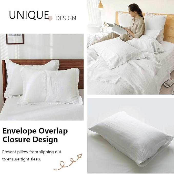 Simple&Opulence 100% Washed Linen Duvet Cover Set 5pcs(1 Duvet Cover& 2 Shams& 2 Pillowcases) Basic Style Natural French Flax Soft Breathable Farmhouse Bedding (King, White)