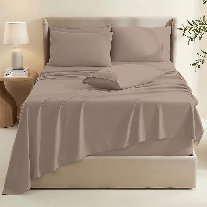 Hearth & Harbor Extra Deep Pocket Sheets - Fits Mattress 18-24 Inches Deep - Extra Deep Pocket Twin Sheets Sets - 4 Piece Twin Size - Taupe