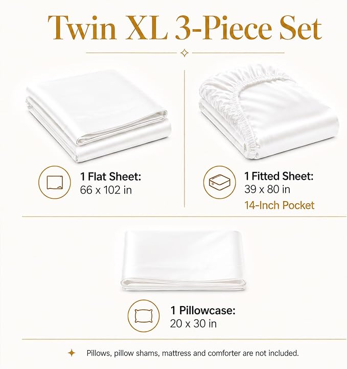 CozyLux Satin Sheets Twin XL, 3-Piece 14-Inch Deep Pocket Sheet Set | OEKO-TEX Certified Silky Soft Sheet Set for Hair & Skin, Luxurious Silky-Smooth Satin for Elegant Bedroom Decor, White