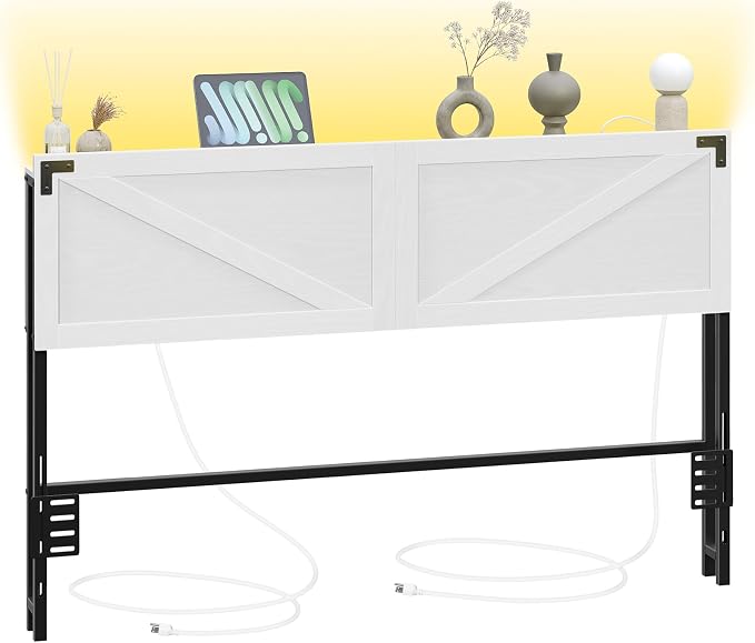 MAHANCRIS Queen Headboard with Charging Station, LED Light and Storage | Farmhouse Wooden Bed Head with Bed Frame Adapter LED Adjustable Brightness and Color Modes Easy Assembly White