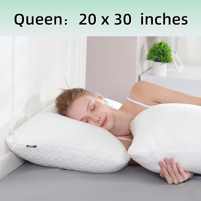 Memory Foam Pillows Queen Size Set of 2 - Adjustable Bed Pillows for Side Back Stomach Sleepers - with Washable Cooling Pillowcase (White, Queen 2-Pack)