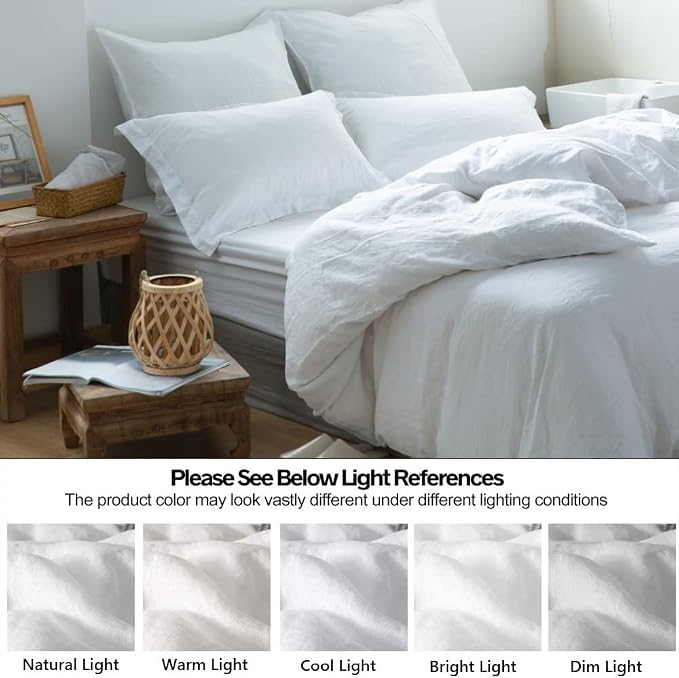 Simple&Opulence 100% Linen Duvet Cover Set 3pcs Basic Style Natural French Washed Flax Solid Color Soft Breathable Farmhouse Bedding with Button Closure - White, California King