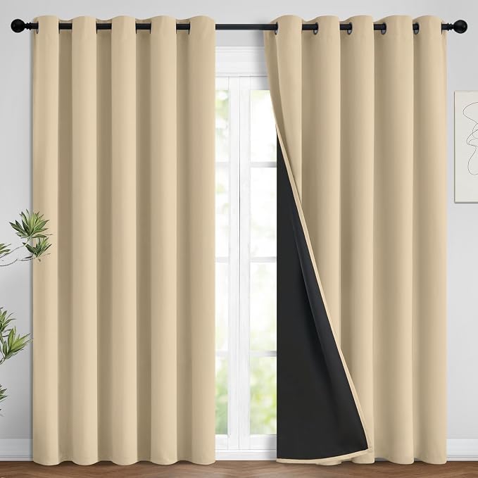 Yakamok Beige 100% Blackout Curtains 84 Inches Long for Bedroom 62" Wide | Blackout Curtain Panels for Bedroom, 2 Thick Layers Grommet Top Thermal Insulated Drapes with Black Liner for Living Room