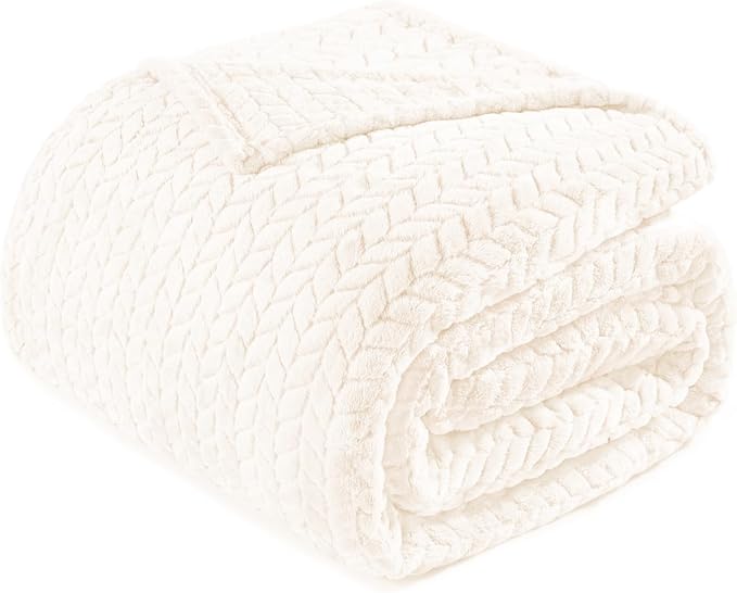 Exclusivo Mezcla Soft Fleece Bed Blanket Twin Size, 60”x80”, Off White | Cozy Fluffy Lightweight Blankets for Summer, Decorative Plush Flannel Throws for Living Room, Bedroom with Leaves Pattern