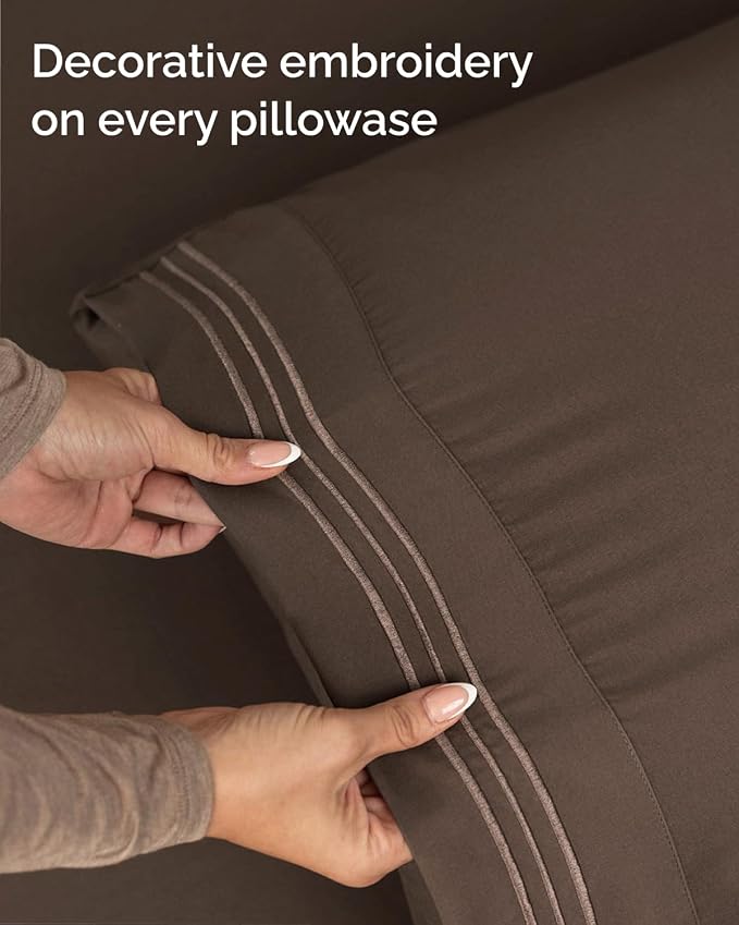 Twin XL 3 Piece Sheet Set - College Dorm Room Essentials - Brown | Deep Pocket Bed Sheets for Women, Men, Teens & Students, Soft, Cooling, Breathable & Wrinkle Free, Oeko-Tex Bed Sheet Set