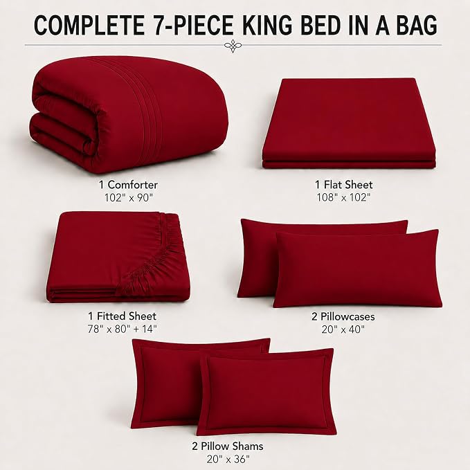 King Size Comforter Set Red - 7 Pieces Complete Bedding Set | OEKO-TEX Certified, All Season, 240GSM Down-Alternative Comforter, Sheets, Pillowcases & Shams, 14" Deep Pocket, Easy Care