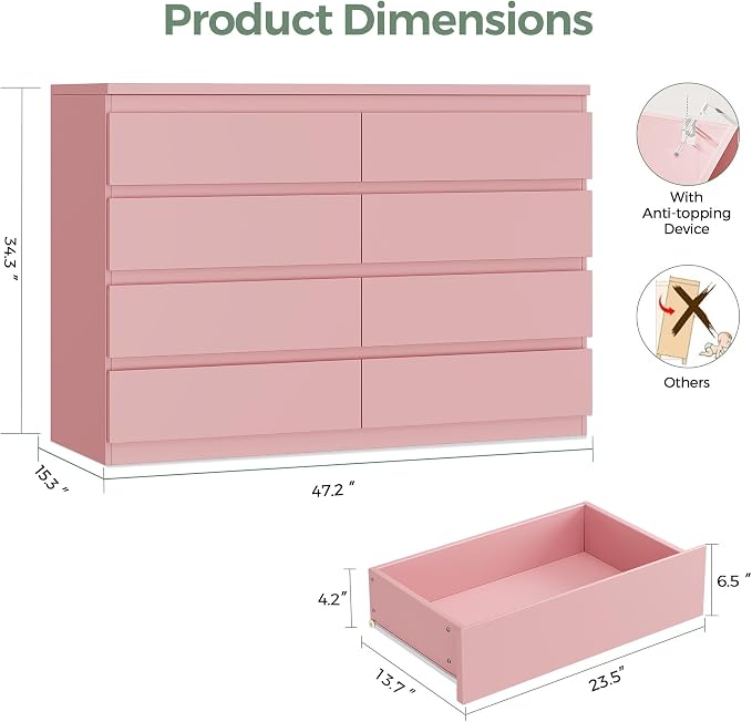 MapleGrace Modern 8 Drawer Dresser, Simply Chest of Drawers for Bedroom, Wooden Storage Dresser with Deep Drawers for Living Room/Hallway/Entryway (Pink)