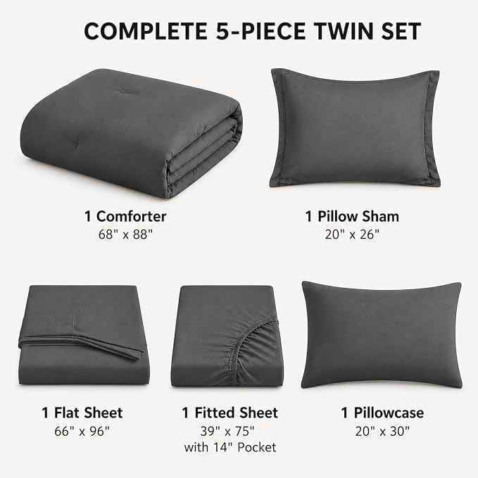 HIMEET Twin Comforter Sets, 5-Piece Point-Quilted Bed in a Bag, Dark Grey | OEKO-TEX Certified, Lightweight 240 GSM Comforter, Flat Sheet, 14-Inch Deep-Pocket Fitted Sheet, Pillowcase & Sham