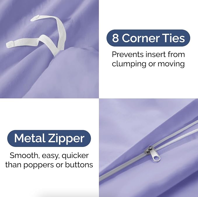 Duvet Cover Queen Size - Soft 3 Piece with Zipper Closure - Lavender | Extra Soft, Breathable, Queen Duvet Cover 90" x 90" with 2 Pillow Shams, Zipper Closures & Ties, Women, Men, Kids & Teens