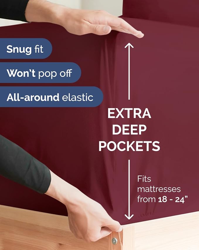 2 Pack Extra Deep King Fitted Sheets with Extra Deep Pockets - Burgundy | Hotel Luxury Bottom Fitted Sheets Only, Soft, Fade & Wrinkle Free, Breathable & Comfy, All Around Elastic Fitted Sheets