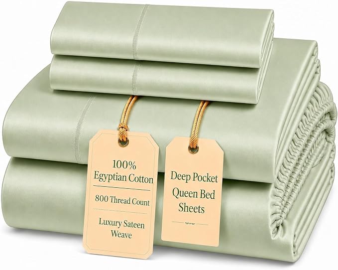 15" Deep Pocket Queen Sheet Set, 4 PC Sheets Queen Size Bed Set - Seafoam | 100% Cotton Bed Sheets, 800 Thread Count, Breathable & Cooling, Luxury Sateen Weave, Machine Washable, All Season Comfort
