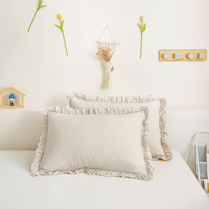 Merryword Beige Pillowcases Standard Ruffled Pillow Shams 20x26inch Beige Gray Ruffle Pillowcases Set of 2 Shabby Chic Pillow Cover