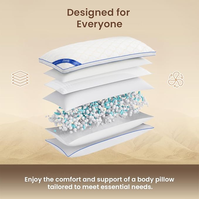 ZonLi Long Body Pillow for Adults, Gold Thread Quilted Gourd Pattern Cover, Soft Durable Adjustable Shredded Memory Foam, Comes with Extra 7 Oz Shredded Foam, Ideal for Side Sleepers, White