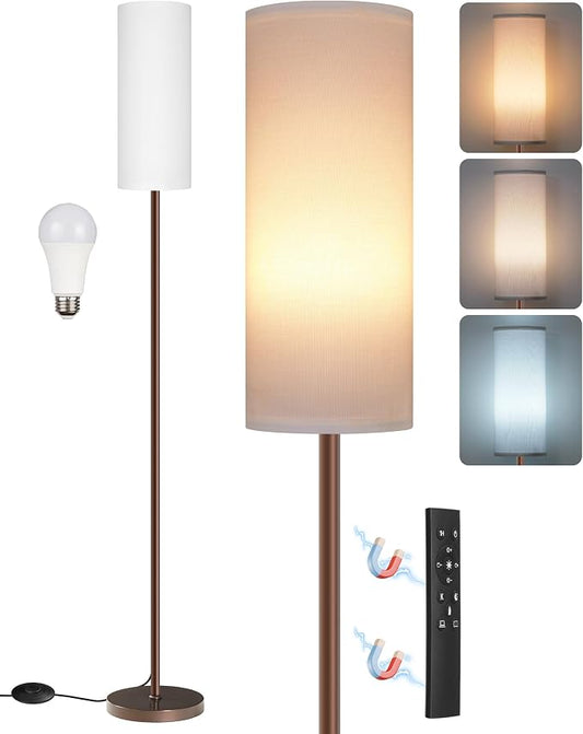 Dimmable Floor Lamps for Living Room with Remote and Foot Switch, 64.4” Modern Standing Tall Lamp, Corner Lamp for Bedroom, Bulb Included, 3000K-6500K, White and Brown VCW06LD05W1