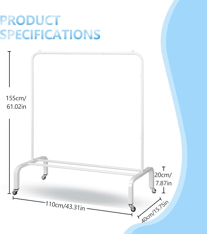 JIUYOTREE Metal Clothing Rack with Wheels, 43.3 Inches Rolling Clothes Garment Coat Rack with Bottom Shelf, Clothing Rack for Hanging Clothes, Coats, Skirts, Shirts, Sweaters, White