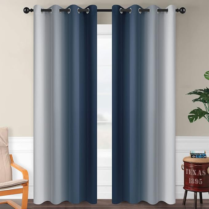 SimpleHome Ombre Navy Blue to Grey White Curtains for Living Room 52Wx84L | Room Darkening Curtains for Bedroom,Gradient Light Blocking Curtain,Thermal Insulated Grommet Window Drapes,2 Panels,84 Inch