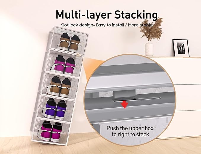 Kuject X-Large Shoe Storage Boxes 12 Pack, Clear Stackable Shoe Organizer | Shoe Case for Closet, Entryway & Under-Bed Storage, Drop-Front Design, Space-Saving Solution for Family Organization,Grey