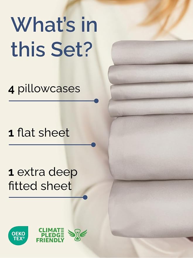 Extra Deep Cal King Sheet Set - 6 Piece Breathable & Cooling - Light Grey | Hotel Luxury Bed Sheets Set, Easy & Secure Fit, Ultra-Soft, Wrinkle & Fade Free, Comfy Sheets Set with Extra Deep Pockets