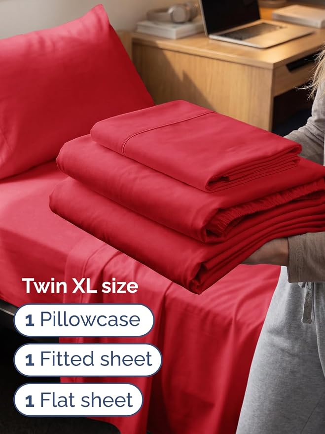 Extra Deep Twin XL Sheet Set - 3 Piece College Dorm Room - Red | Soft, Breathable & Cooling, Easily Fits 18 to 24 inch Mattress, Wrinkle Free & Fade Resistant with Extra Deep Pockets