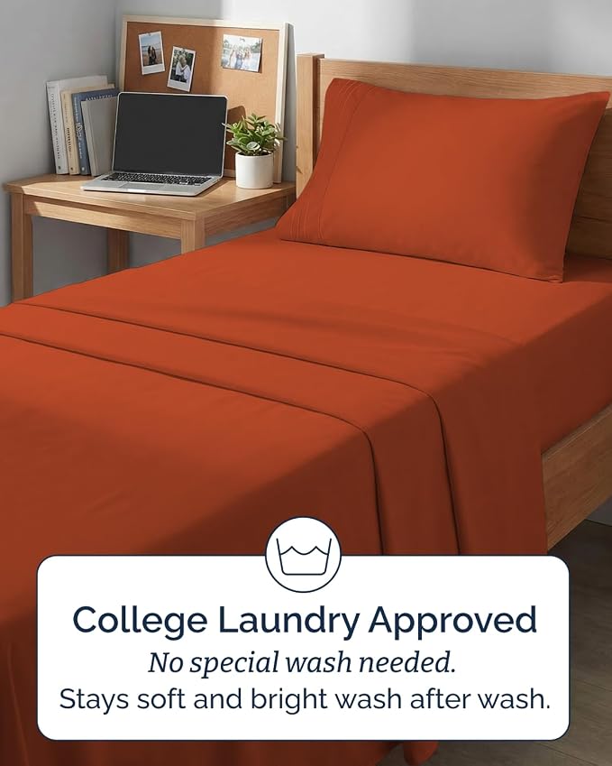 Twin XL 3 Piece Sheet Set - College Dorm Room Essentials - Terracotta | Deep Pocket Bed Sheets for Women, Men, Teens & Students, Soft, Cooling, Breathable & Wrinkle Free, Oeko-Tex Bed Sheet Set