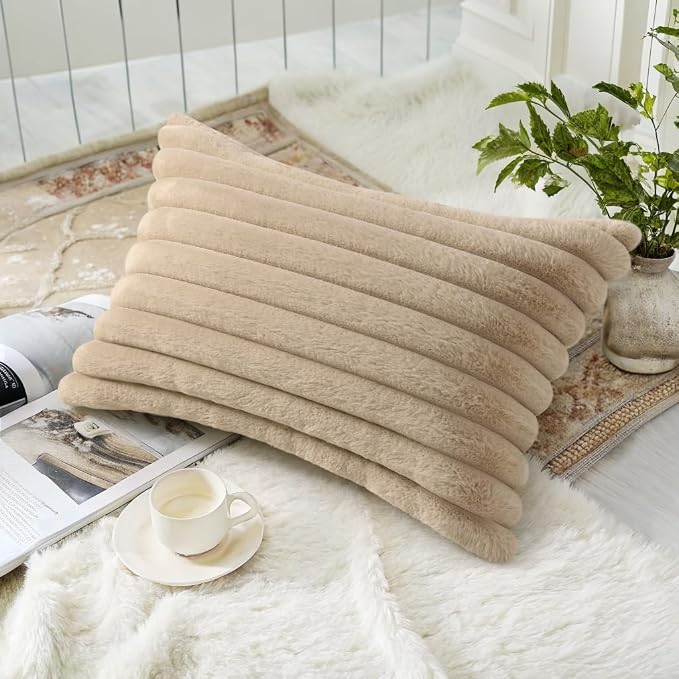 decorUhome Fall Faux Fur Throw Pillow Covers 12x20 Set of 2 Khaki Brown | Decorative Soft Cozy Striped Plush Modern Farmhouse Boho Couch Pillow Cases Velvet Back for Sofa Bed Living Room Home Decor