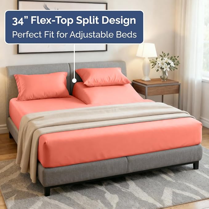Flex Top Split Head King 4 Piece Sheet Set - Ultra-Soft, Breathable - Coral | Cooling Bed Sheets Set, Hotel Luxury Bedding for Women & Men with Deep Pockets, Wrinkle Free & Fade Resistant, Oeko-Tex
