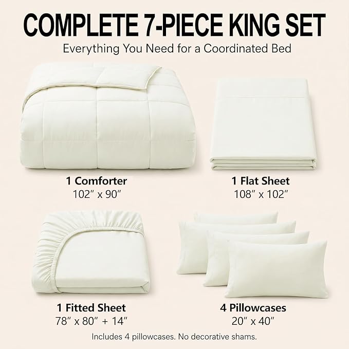 King Size Comforter Set Ivory - 7 Pieces Bed in a Bag | OEKO-TEX Certified, All-Season, Bedroom, Guest Room, Down-Alternative Comforter + Flat & Fitted Sheets + 4 Pillowcases