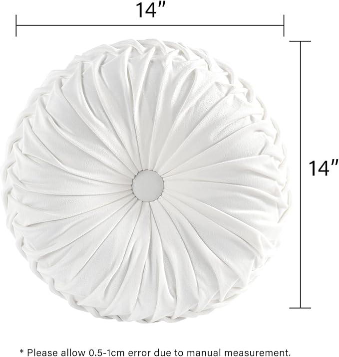 HIG Set of 2 Off White Velvet Decorative Round Pleated Throw Pillows | Vintage Floor Pillows, Classy Accent Pumpkin with Center Button, for Sofa Couch Vanity Chair Bed, 14.5" Diameter