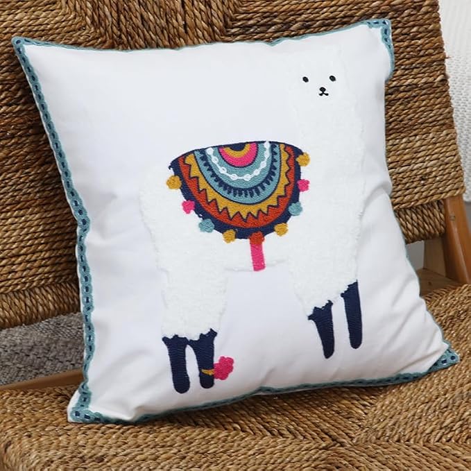 Pack of 2 Embroidered Decorative Throw Pillow Cover 18x18 Inch Farmhouse Floral Pillowcase for Living Room Sofa Bed (White Alpaca)