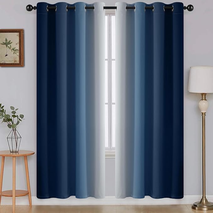 SimpleHome Ombre Blue to Grey White Curtains for Living Room 52Wx72L | Room Darkening Curtains for Bedroom,Gradient Light Blocking Curtain,Thermal Insulated Grommet Window Drapes,2 Panels,72 Inch