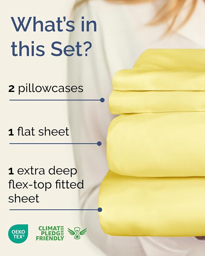 Flex Top Split Head King Sheet Set - 4 Piece Extra Deep Sheets - Yellow | Easily Fits 18 to 24 inch Mattress, Ultra Soft, Wrinkle & Fade Free with Extra Deep Pockets, Comfy Hotel Luxury Bedding