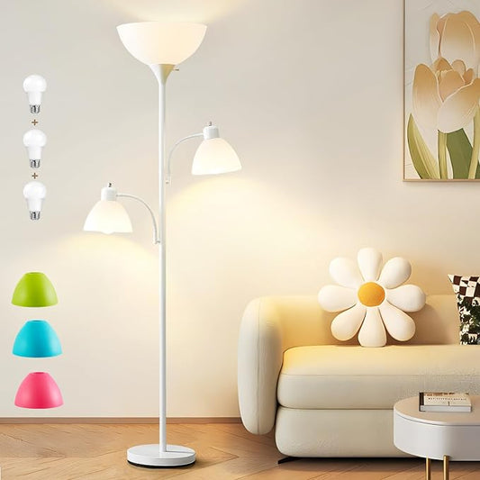 White Floor Lamp, 72" Tall Standing Floor Lamp with 5 Replace Lampshades | Torchiere Lamps with 8W Adjustable Reading Lights, Floor Lamps for Living Room, Bedroom, Office, Bulbs Included
