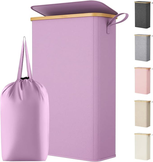Lifewit 75L Slim Laundry Hamper with Lid, Narrow Laundry Basket with Removable Bag & Bamboo Handles, Fodable Thin Dirty Clothes Hamper for Laundry Collapsible Bin for Bathroom Bedroom Dorm, Purple