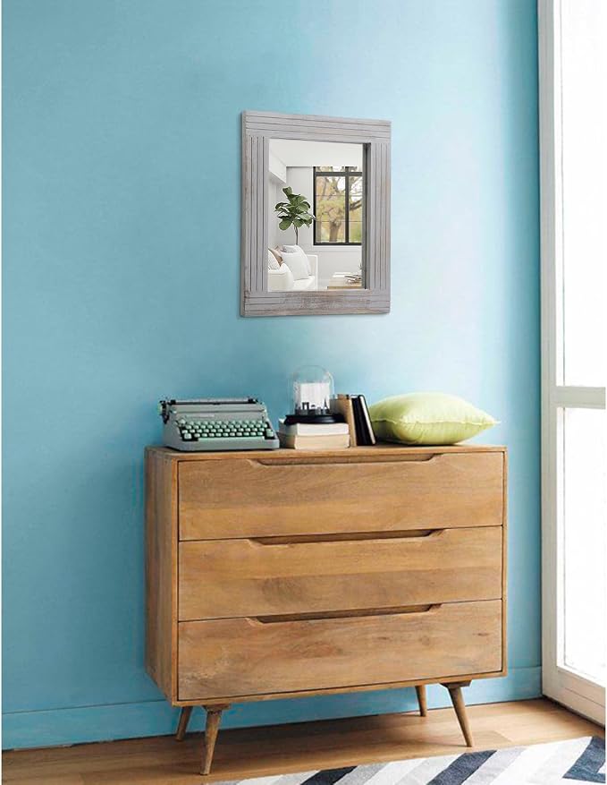 Rustic Wall Mirror Farmhouse, with Frame Wood Wall Mirror Rectangle Antique Decor Hanging Mirror for Bathroom Living Room Bedroom Entryway Small 16" x 12 "