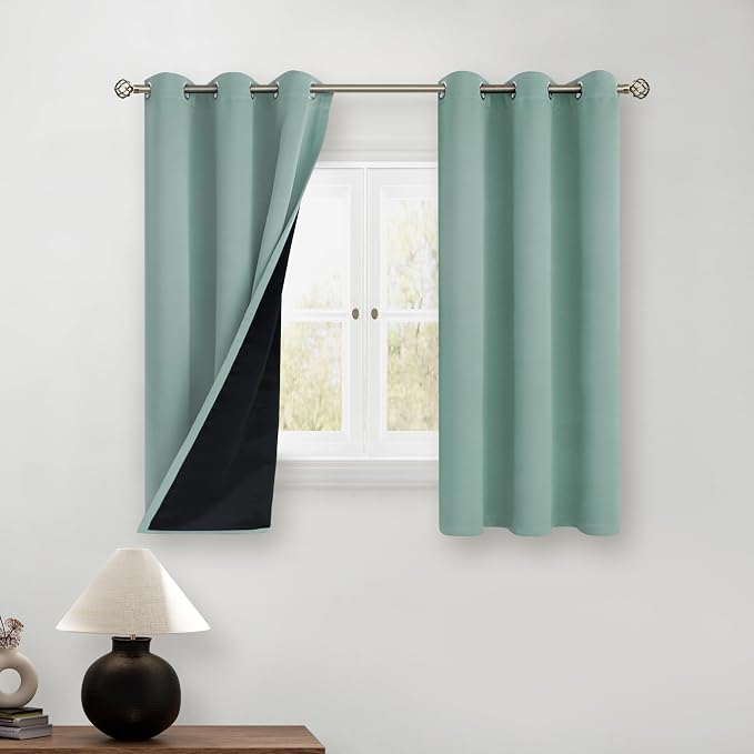 BGment Short 100% Blackout Curtains for Bedroom, Thermal Insulated Lined Energy Efficiency Noise Reducing Grommet Curtains 54 Inch Length for Small Window 2 Panels Each 42 Inch Wide, Frosty Green