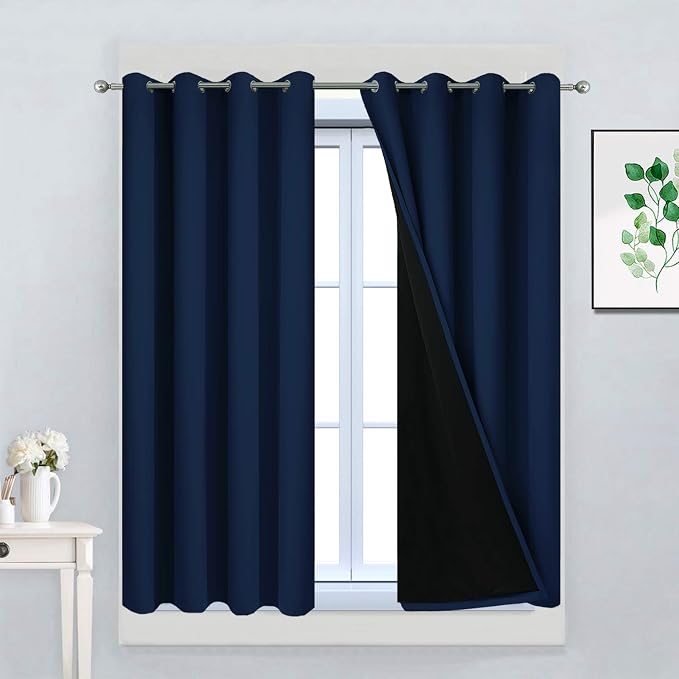 Yakamok Navy Blue 100% Blackout Curtains 45 Inches Long 52" Wide, 2 Panels | Blackout Curtain Panels for Bedroom, 2 Thick Layers Grommet Top Thermal Insulated Drapes with Black Liner for Living Room