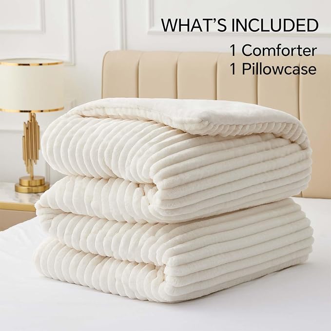 BEDELITE Fleece Twin/Twin XL Comforter Set, Fluffy Bed Set, Cream White | Super Soft & Warm Bedding, Luxury Fuzzy Faux Fur Comforter for Winter, Heavy Plush Bedding, with 1 Pillowcase