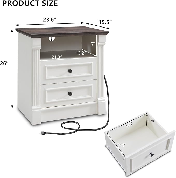 Aitjunz 26" Tall 2 Drawers Dresser for Bedroom, End Table, Antique White | Farmhouse 23.6" Wide Large Nightstand with Charging Station, Wood Rustic Side Tablew/Roman Column for Bedroom, Living Room