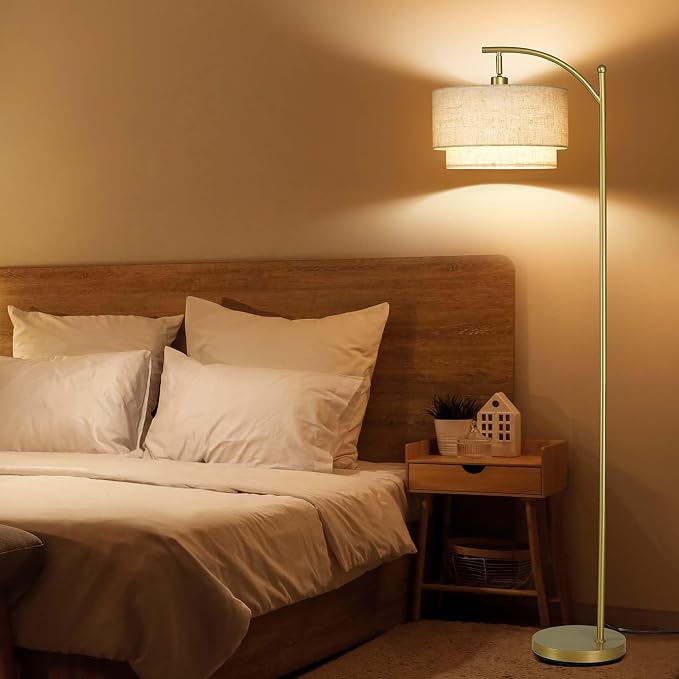 SUNMORY Floor Lamps for Living Room with 12W LED Bulb, Arc Lamp with 3 CCT | Modern Floor Lamps with Adjustable Double Fabric Shades, Industrial Arched Lamp, Tall Standing Lamp for Bedroom, Corner