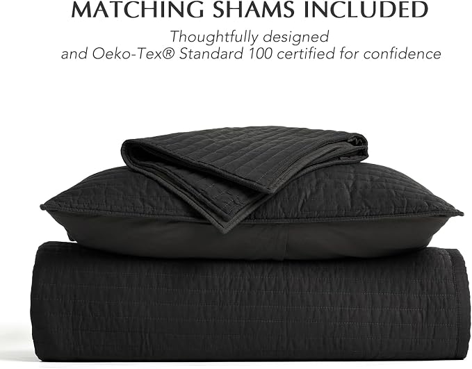 EVERGRACEHOME Cotton Sateen Quilt Set, Queen Size, Washed Black | 100% Cotton, Channel Stitch Coverlet Bedspread, Pre-Washed Lightweight Soft Bedding Set for All Season, 3 Piece, with 2 Shams