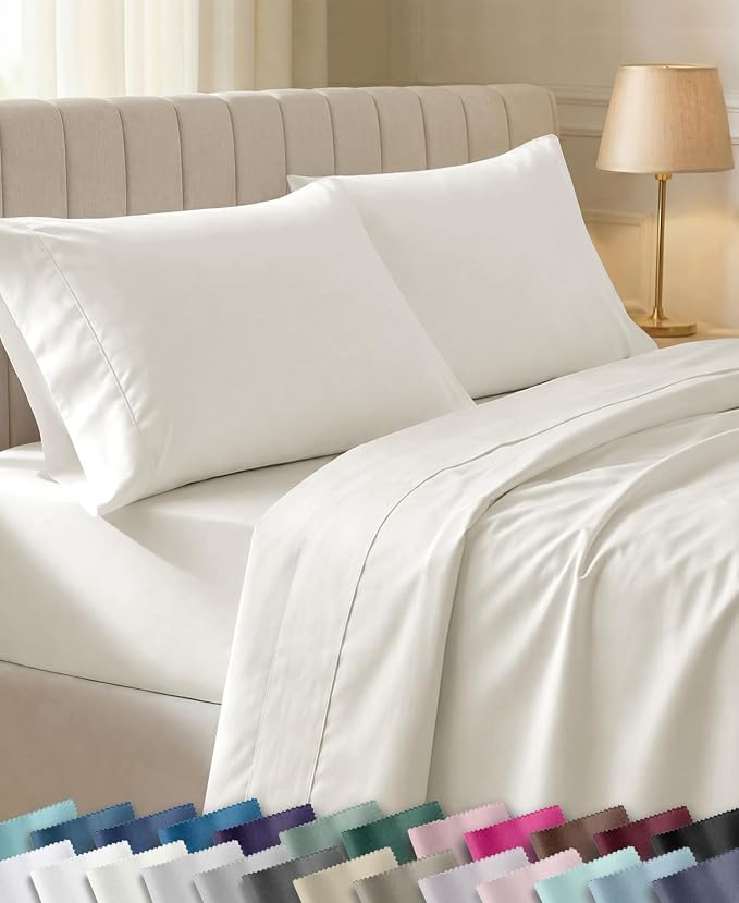 California Design Den Soft 100% Cotton Sateen Full Sheets, 4 Pcs Set | 400 Thread Count Backed by Good Housekeeping Seal, 16" Deep Pocket, All-Around Elastic, Easy Care - Ivory (Pale Tone)