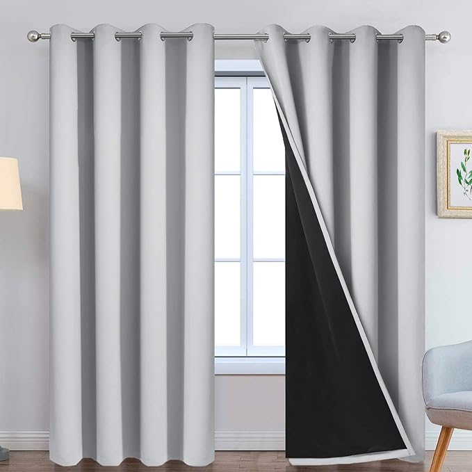 Yakamok Light Grey 100% Blackout Curtains 90 Inches Long 52" Wide 2 Panel | Blackout Curtain Panels for Bedroom, 2 Thick Layers Grommet Top Thermal Insulated Drapes with Black Liner for Living Room