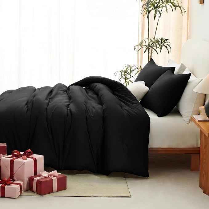 Queen Comforter Set, 3 Pieces Down Alternative Bedding, Black | 270 GSM All Season Comforter with 4 Corner Ties for Use as a Duvet Insert, OEKO-TEX Certified, 2 Pillowcases, 88 x 88 in