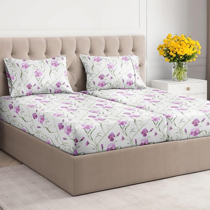 Split King 5 Piece Floral Sheet Set - Breathable & Cooling - Pretty Pink | 1 Flat, 2 Fitted & 2 Pillowcases w/ Deep Pockets, Boho Botanical Floral Bedding, Breathable & Cooling, Wrinkle & Fade Free